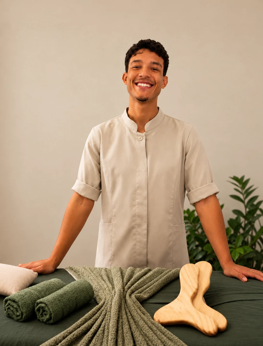 Jonas junto à maca e aos recursos de massoterapia